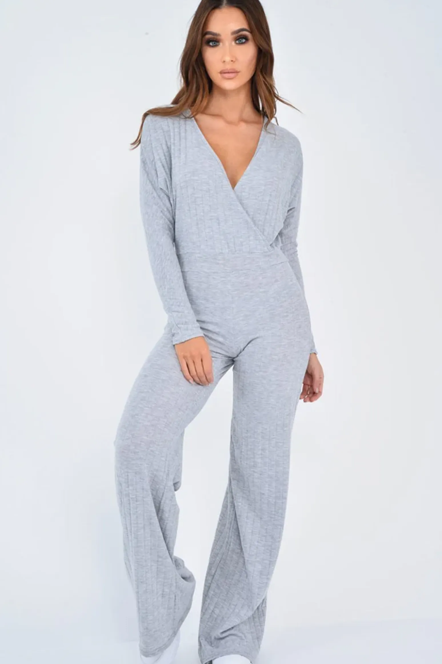 Rebellious Fashion Grey Wide Leg Rib Plunge Jersey Jumpsuit - Tarlia