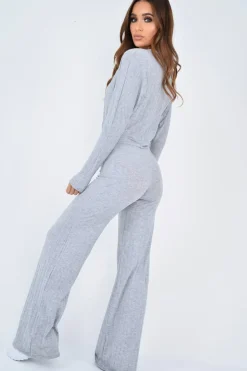 Rebellious Fashion Grey Wide Leg Rib Plunge Jersey Jumpsuit - Tarlia