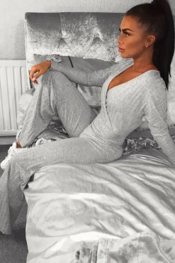 Rebellious Fashion Grey Wide Leg Rib Plunge Jersey Jumpsuit - Tarlia