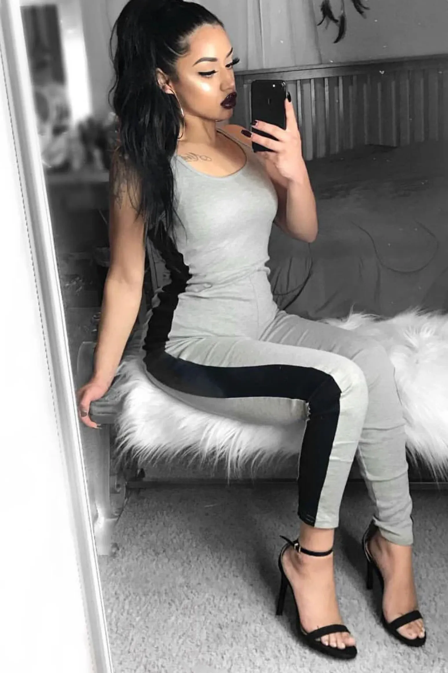 Rebellious Fashion Grey With Black Side Stripe Bodycon Jumpsuit - Tinisha