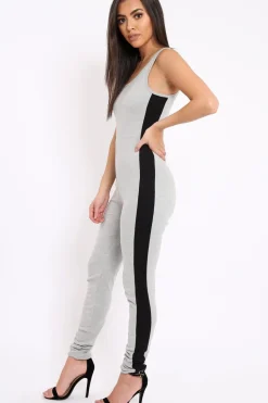 Rebellious Fashion Grey With Black Side Stripe Bodycon Jumpsuit - Tinisha