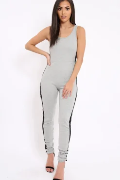 Rebellious Fashion Grey With Black Side Stripe Bodycon Jumpsuit - Tinisha