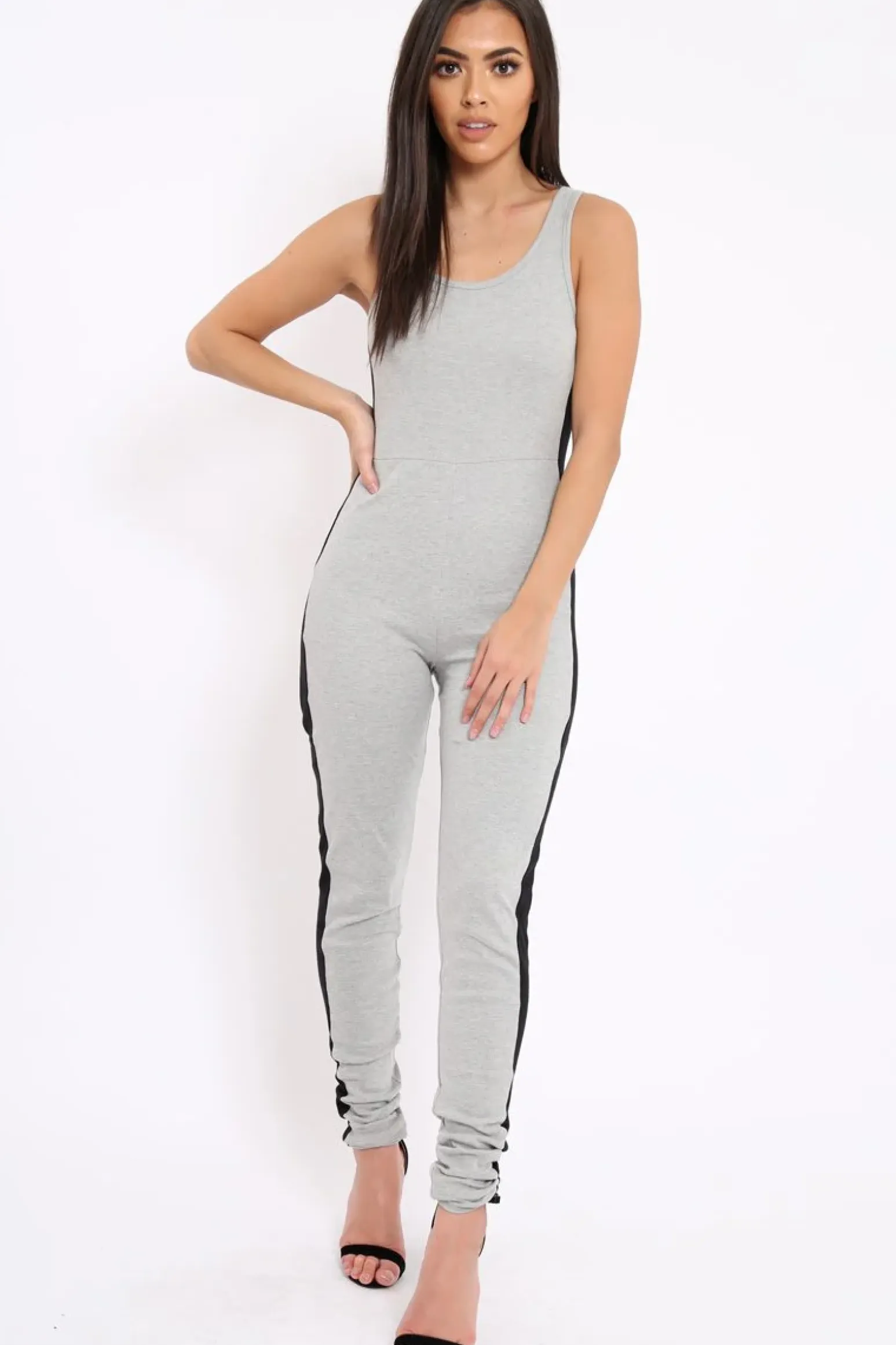 Rebellious Fashion Grey With Black Side Stripe Bodycon Jumpsuit - Tinisha