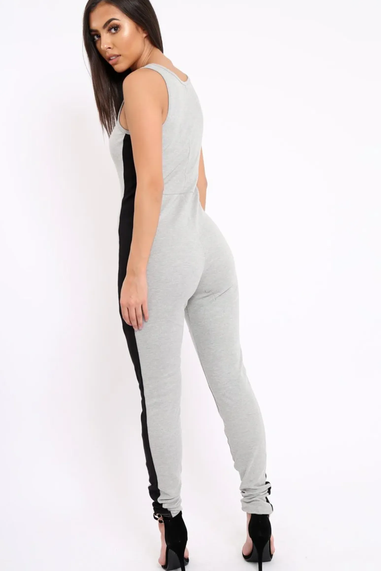 Rebellious Fashion Grey With Black Side Stripe Bodycon Jumpsuit - Tinisha