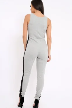 Rebellious Fashion Grey With Black Side Stripe Bodycon Jumpsuit - Tinisha