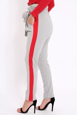 Rebellious Fashion Grey With Red Stripe Paper Bag Tie Waist Cigarette Trousers - Karmen