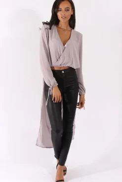 Rebellious Fashion Grey Wrap Front Dip Hem Shirt - Kamlyn