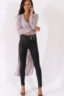 Rebellious Fashion Grey Wrap Front Dip Hem Shirt - Kamlyn