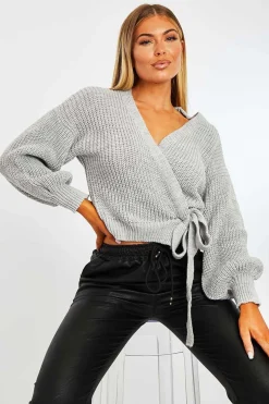 Rebellious Fashion Grey Wrap Tie Details Cardigan - Lucy
