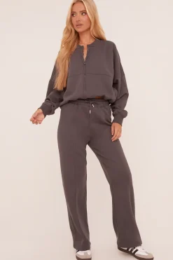 Rebellious Fashion Grey Zip Front Bomber And Joggers Co-ord Set - Sasha