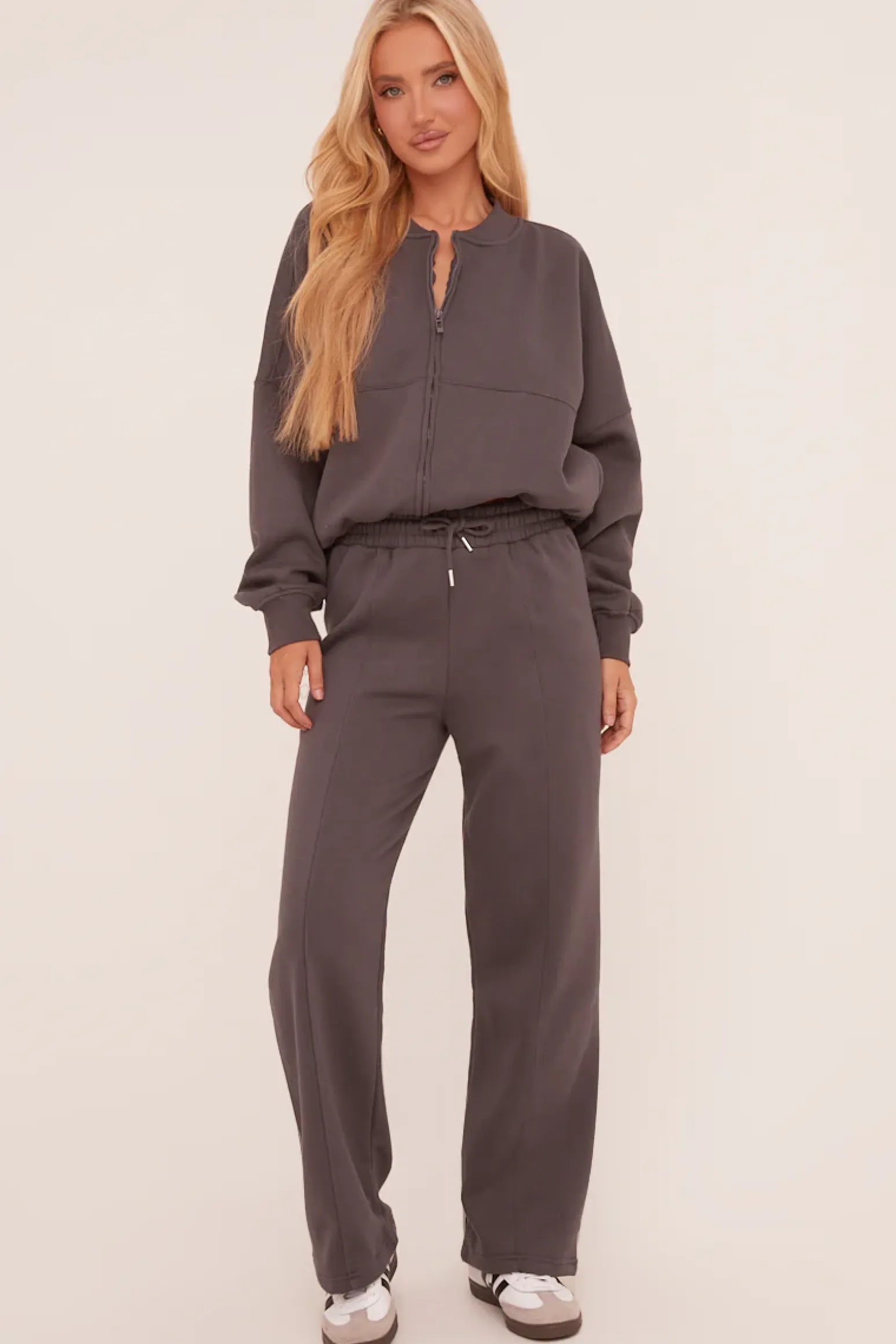 Rebellious Fashion Grey Zip Front Bomber And Joggers Co-ord Set - Sasha