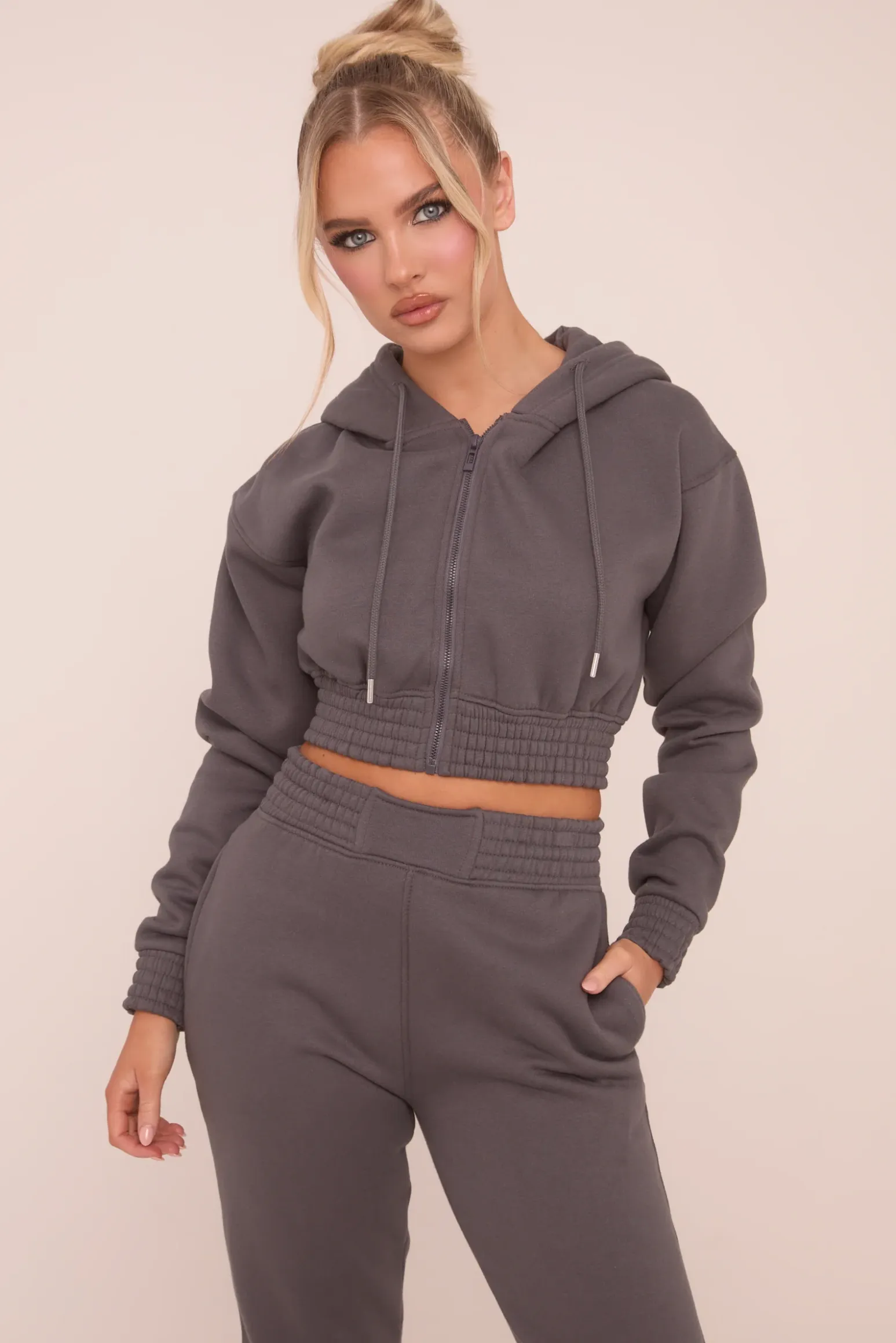 Rebellious Fashion Grey Zip Front Elasticated Detail Loungewear Co-ord Set - Carmel