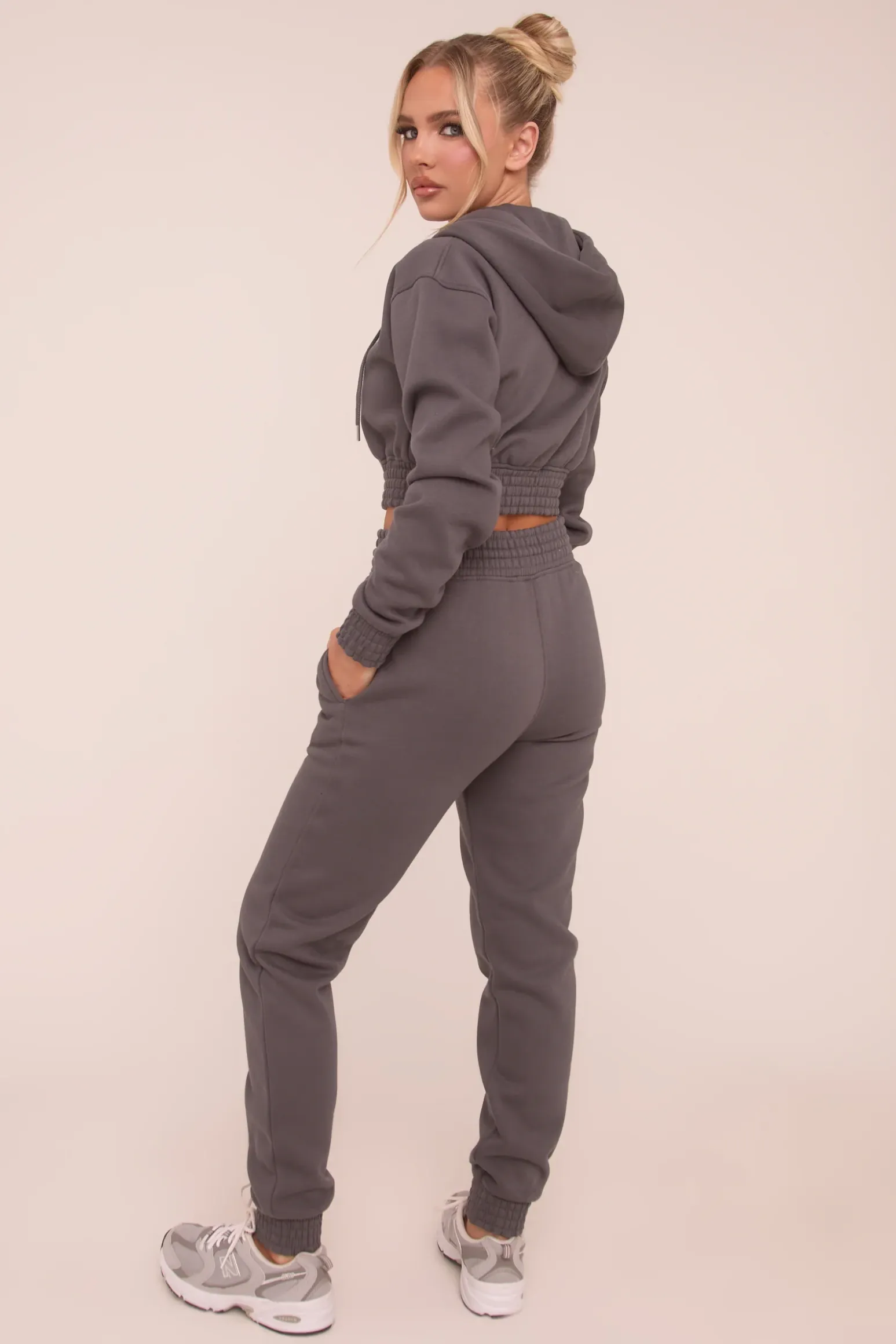 Rebellious Fashion Grey Zip Front Elasticated Detail Loungewear Co-ord Set - Carmel