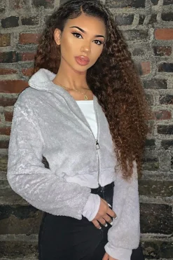 Rebellious Fashion Grey Zip Front Faux Fur Crop Jacket - Perri
