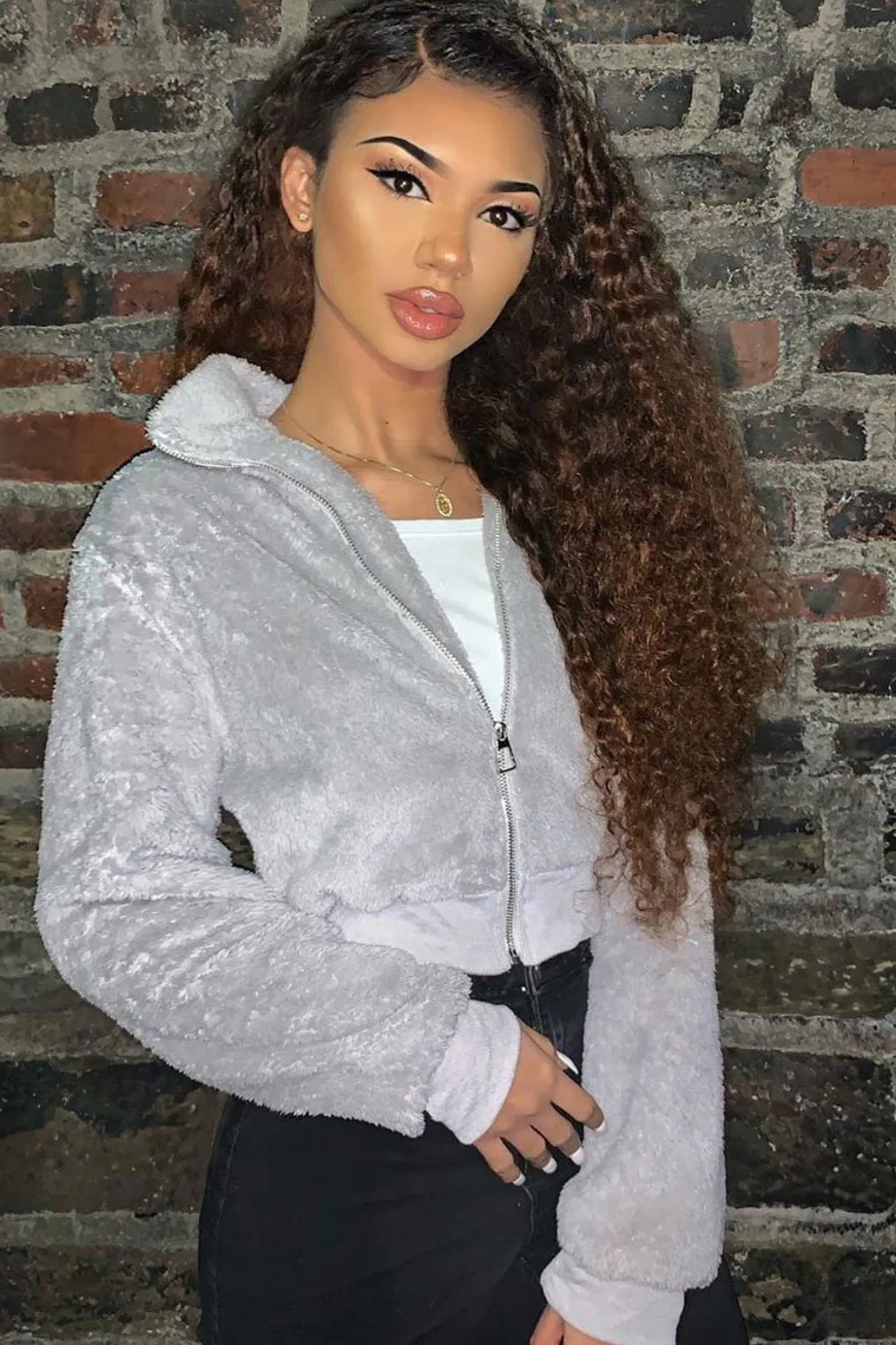 Rebellious Fashion Grey Zip Front Faux Fur Crop Jacket - Perri