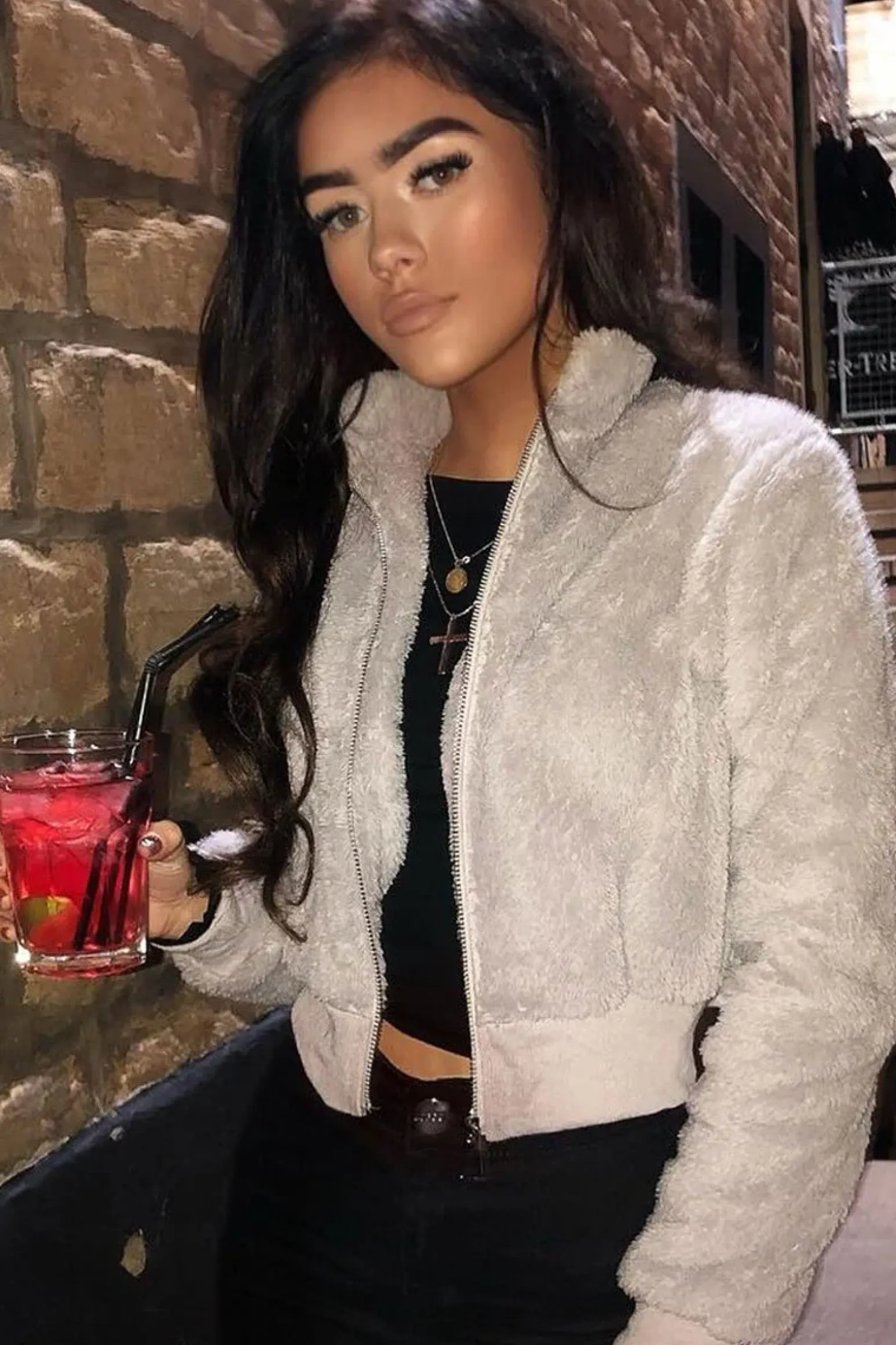 Rebellious Fashion Grey Zip Front Faux Fur Crop Jacket - Perri