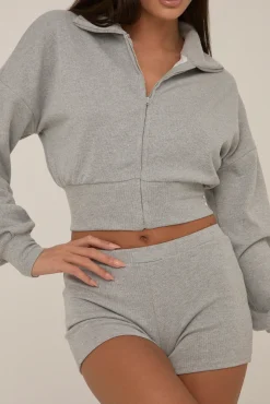 Rebellious Fashion Grey Zip Front Lounge Short Co-ord Set - Aurora