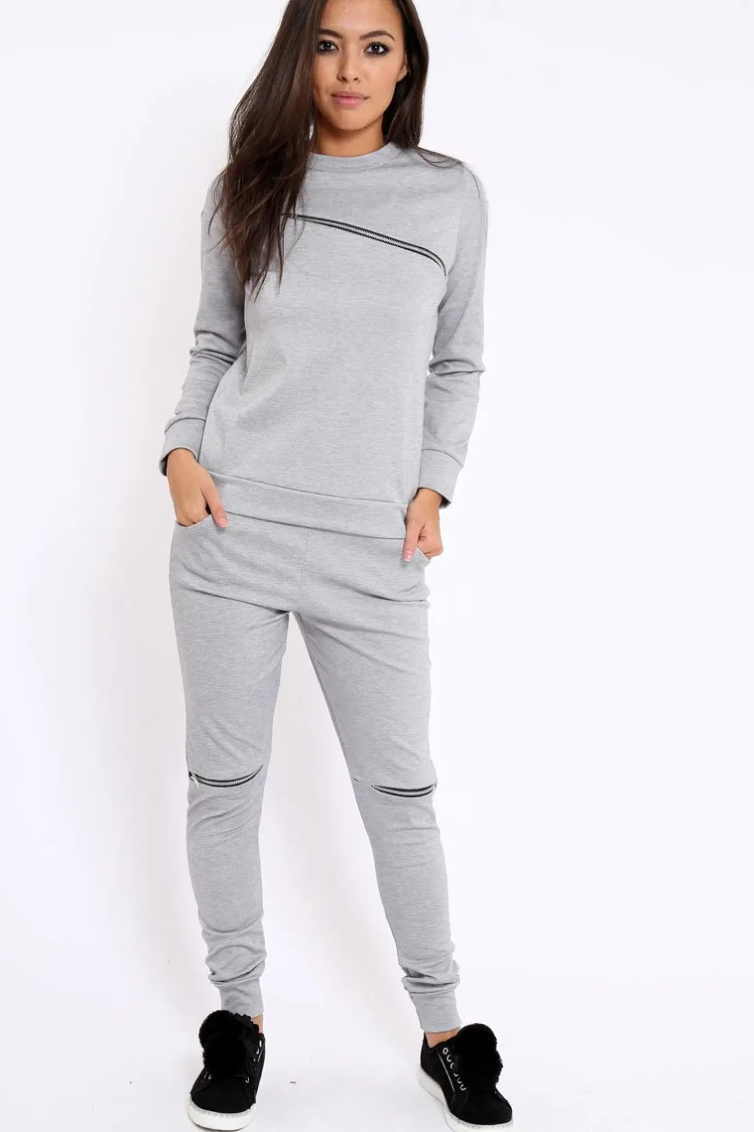 Rebellious Fashion Grey Zip Loungewear Set - Kelly