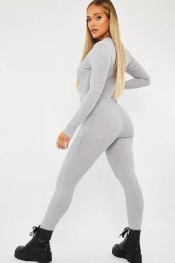 Rebellious Fashion Grey Zip Up Front Full Sleeve Ribbed Jumpsuit - Lola