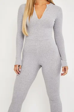 Rebellious Fashion Grey Zip Up Front Full Sleeve Ribbed Jumpsuit - Lola