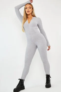 Rebellious Fashion Grey Zip Up Front Full Sleeve Ribbed Jumpsuit - Lola