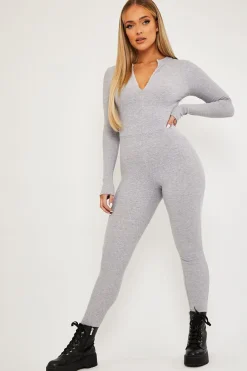 Rebellious Fashion Grey Zip Up Front Full Sleeve Ribbed Jumpsuit - Lola