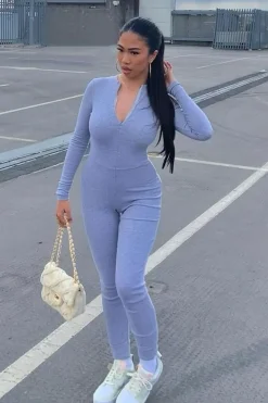 Rebellious Fashion Grey Zip Up Front Full Sleeve Ribbed Jumpsuit - Lola