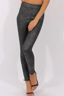 Rebellious Fashion Gunmetal Grey Metallic Ribbed High Waisted Leggings - Yasmin