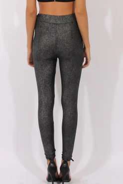 Rebellious Fashion Gunmetal Grey Metallic Ribbed High Waisted Leggings - Yasmin