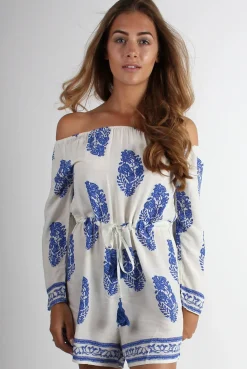 Rebellious Fashion Haley Blue Paisley Print Of The Shoulder Playsuit