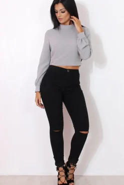 Rebellious Fashion Hanna Grey Long Sleeve Crop Top