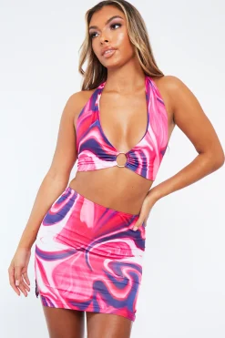 Rebellious Fashion Hot Pink Marble Print Cut Out Ring Detail Halter Neck Crop Top & Mini Skirt Set - Jocee