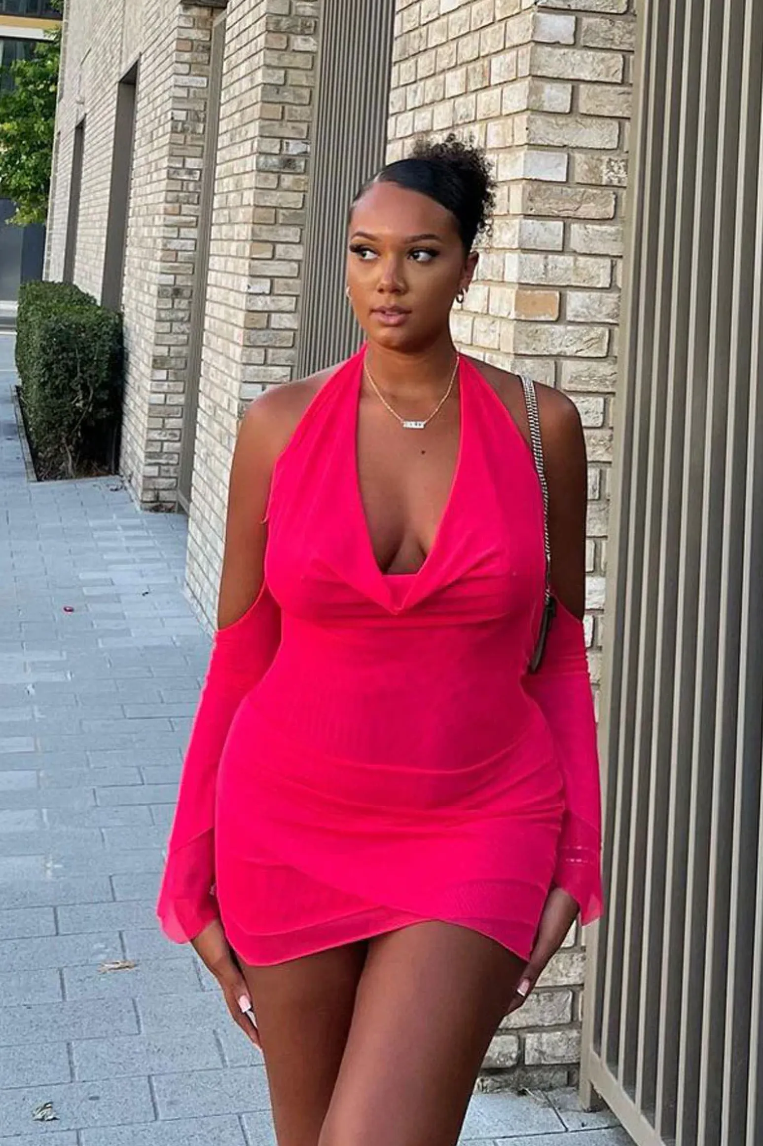 Rebellious Fashion Hot Pink Mesh Cowl Neck Mini Dress - Cara