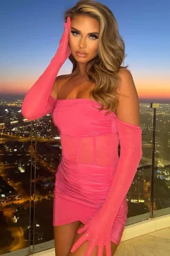 Rebellious Fashion Hot Pink Mesh Gloves Corset Mini Dress - Juliette