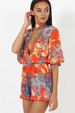 Rebellious Fashion Hot Orange Paisley Print Plunge Playsuit - Rona