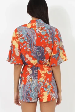 Rebellious Fashion Hot Orange Paisley Print Plunge Playsuit - Rona