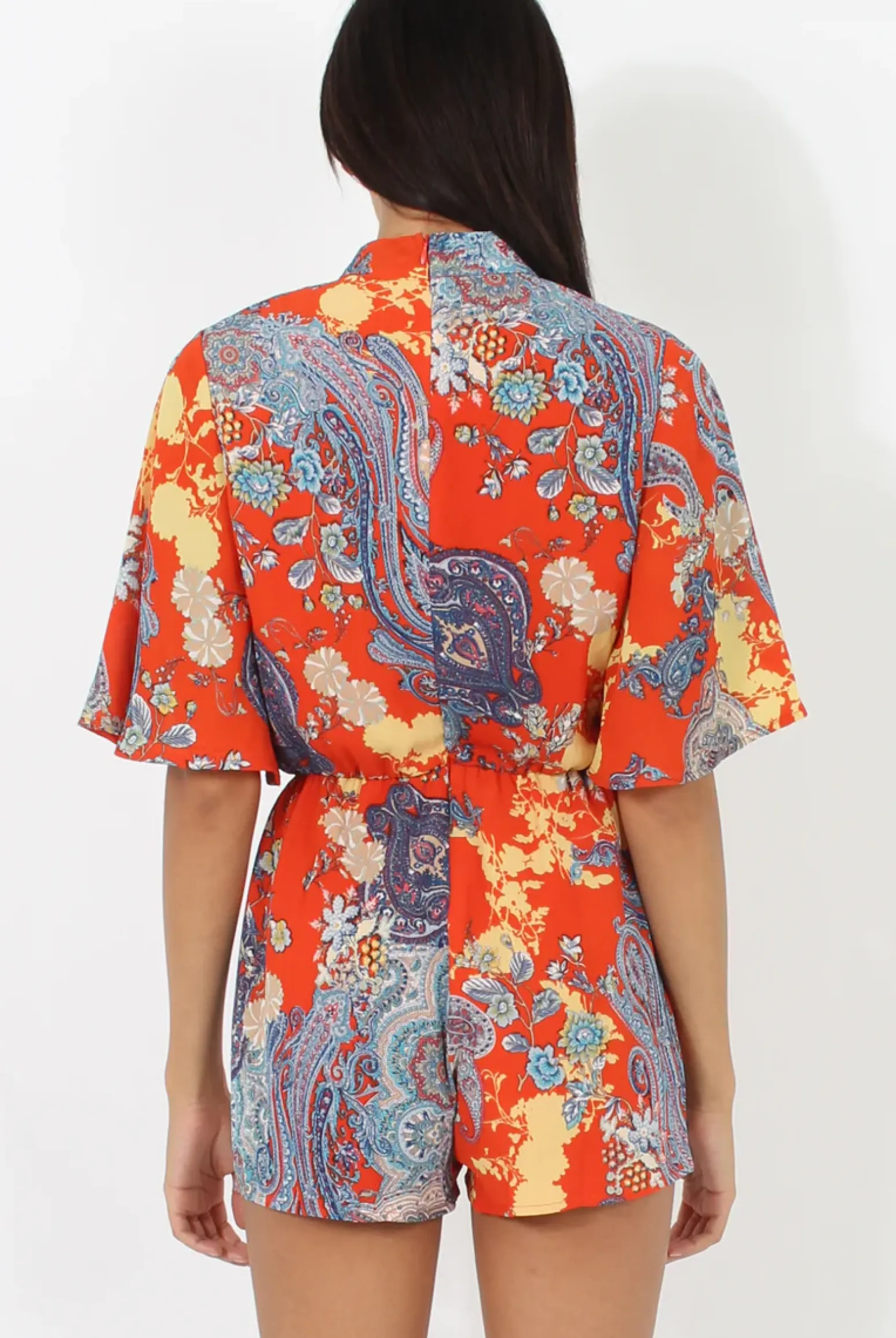 Rebellious Fashion Hot Orange Paisley Print Plunge Playsuit - Rona