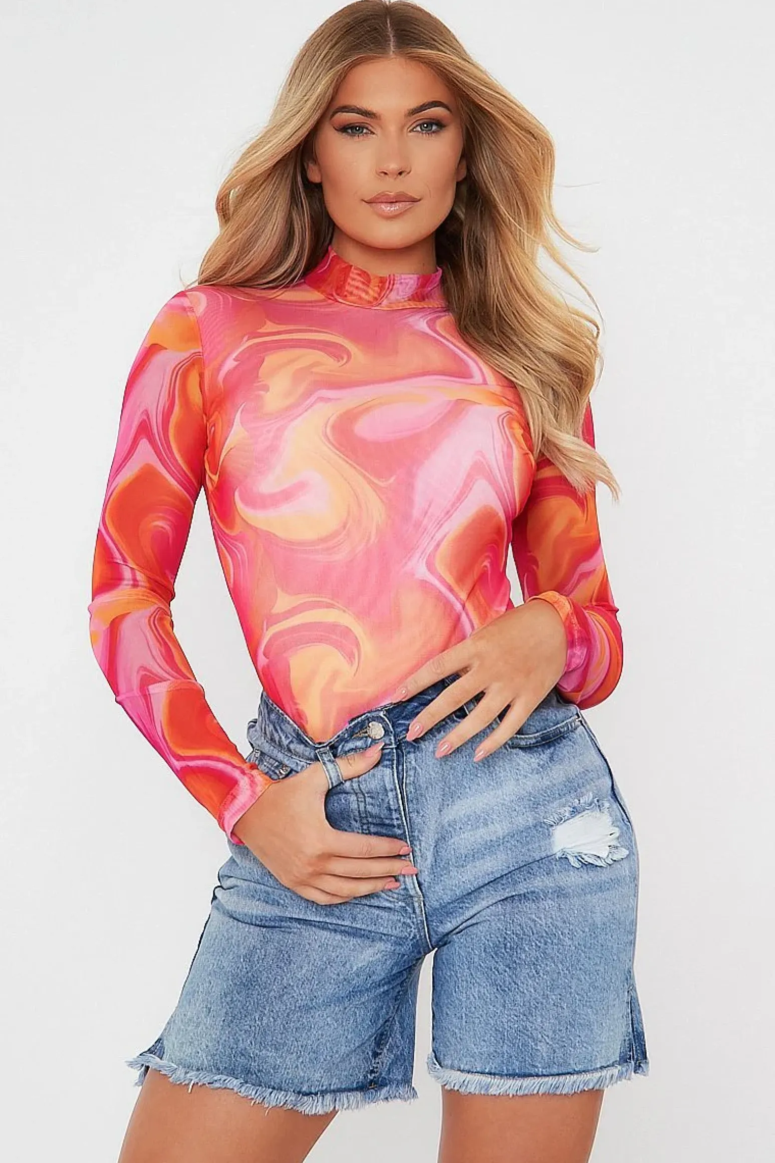 Rebellious Fashion Hot Pink Abstract Print High Neck Bodysuit - Verity