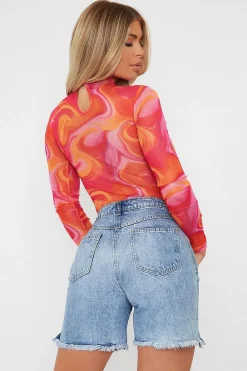 Rebellious Fashion Hot Pink Abstract Print High Neck Bodysuit - Verity