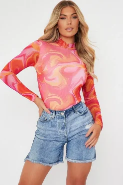 Rebellious Fashion Hot Pink Abstract Print High Neck Bodysuit - Verity