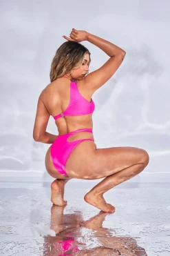 Rebellious Fashion Hot Pink Asymmetric Cut Out Bikini Set - Enya
