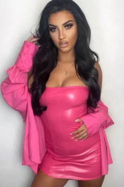 Rebellious Fashion Hot Pink Corset Seam PU Mini Dress - Kyla