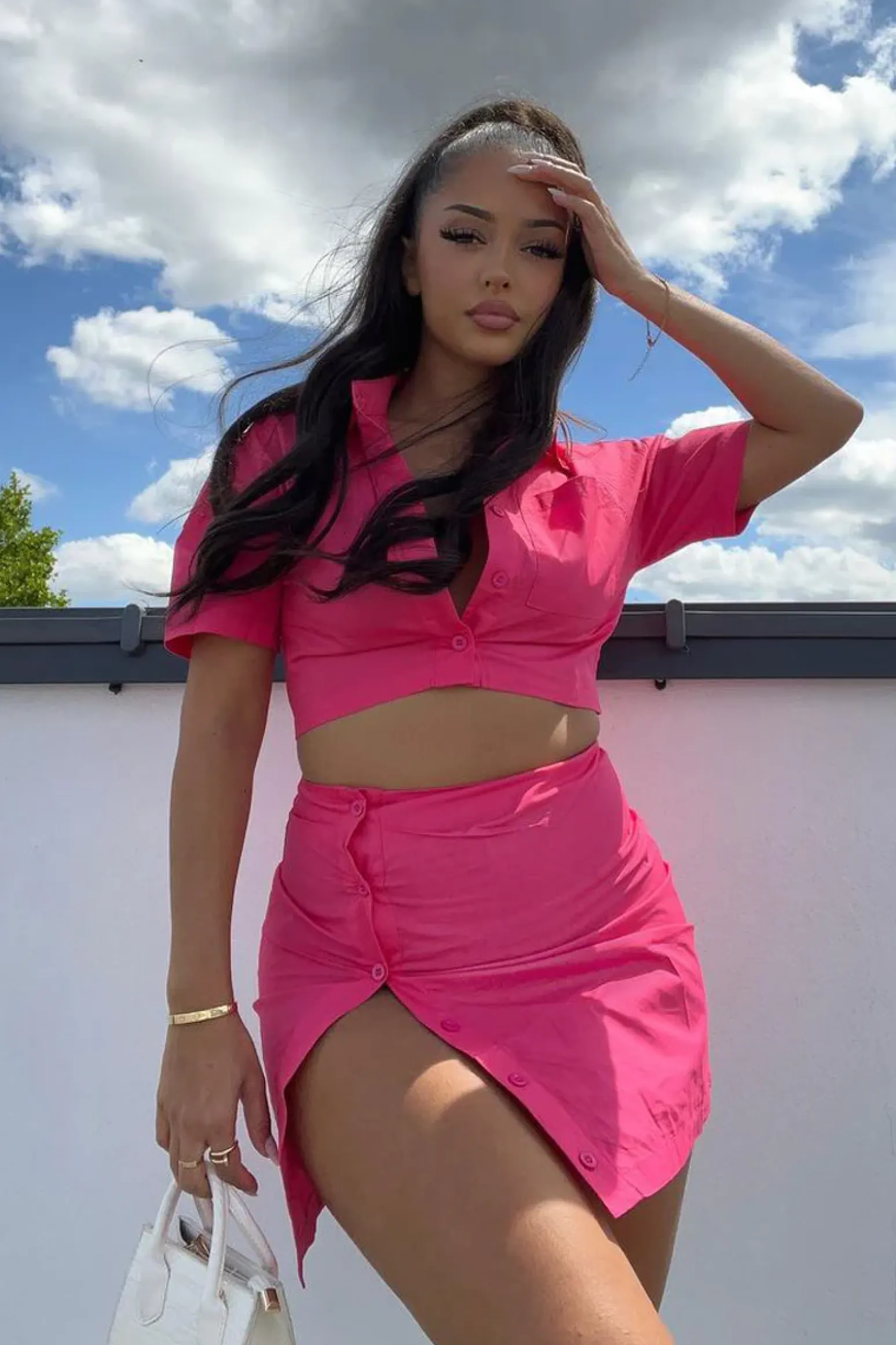 Rebellious Fashion Hot Pink Cropped Shirt & Mini Skirt Set - Cathy