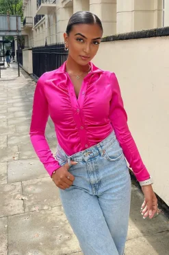 Rebellious Fashion Hot Pink Gathered Front Satin Shirt Bodysuit - Lucia