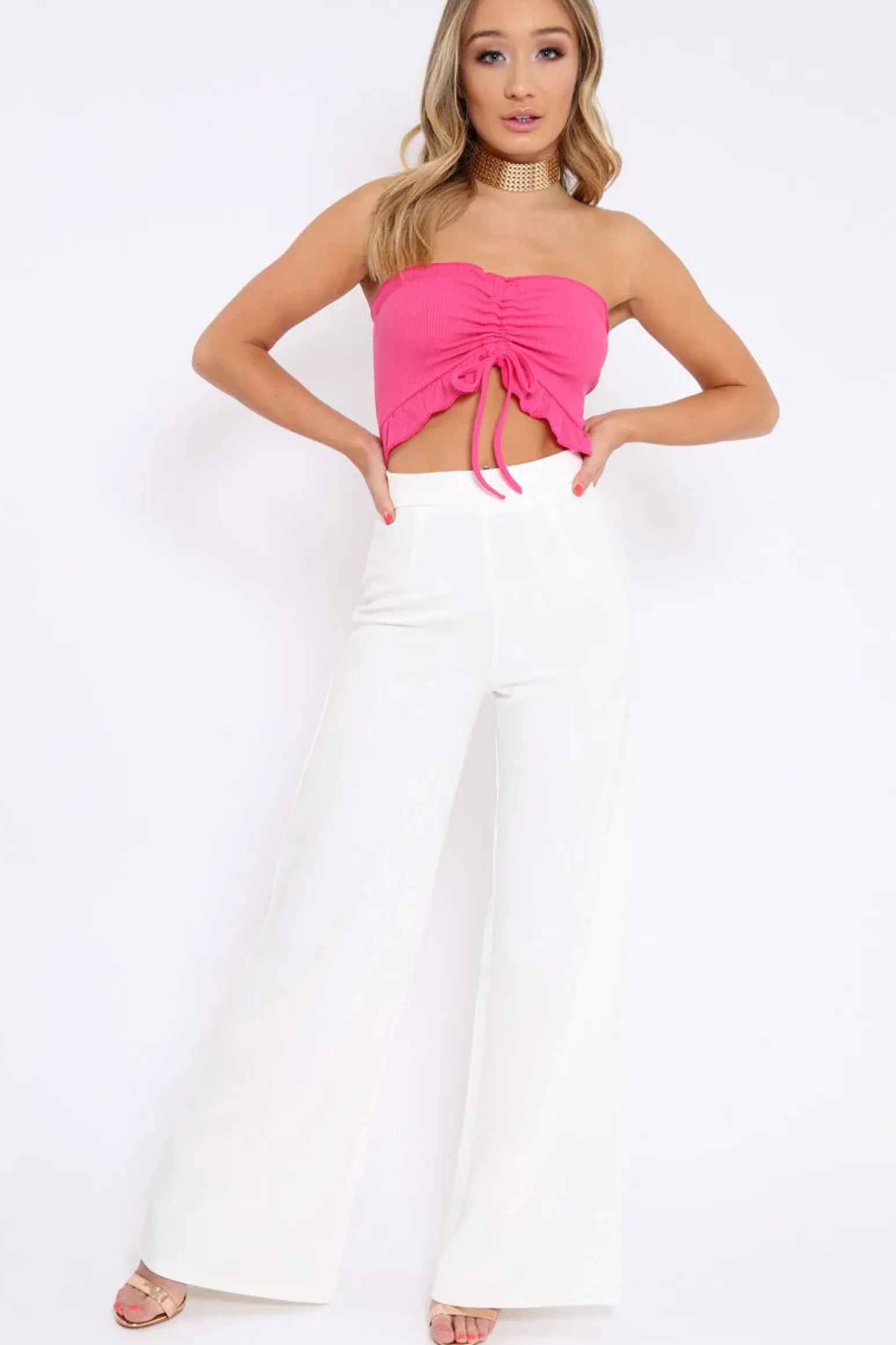 Rebellious Fashion Hot Pink Gathered Middle Bandeau Crop Top - Darlah