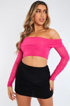 Rebellious Fashion Hot Pink Mesh Bardot Crop Top - Cece