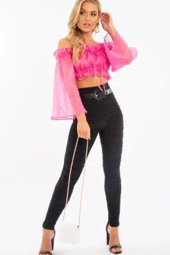 Rebellious Fashion Hot Pink Mesh Frill Bardot Top - Rowe