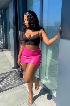 Rebellious Fashion Hot Pink Slide Split Embellished PU Mini Skirt - Tanni