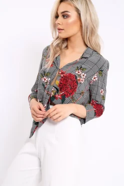 Rebellious Fashion Hounds Tooth Floral Print Tie Front Crop Top - Kaylie