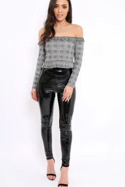Rebellious Fashion Hounds-Tooth Frill Bardot Crop Top - Benita
